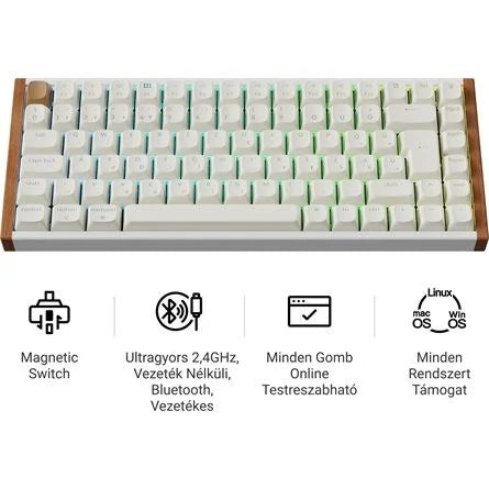 Keychron K2 HE Bluetooth / vezeték nélküli magyar Gateron double-rail magnetic mechanikus billentyűzet fehér-rózsafa